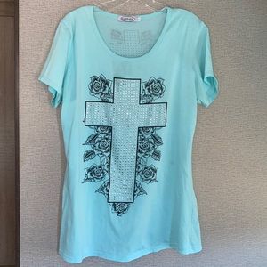 2/$20 WB Atlas Embellished Cross Roses T-shirt XXL Light Turquoise/Black